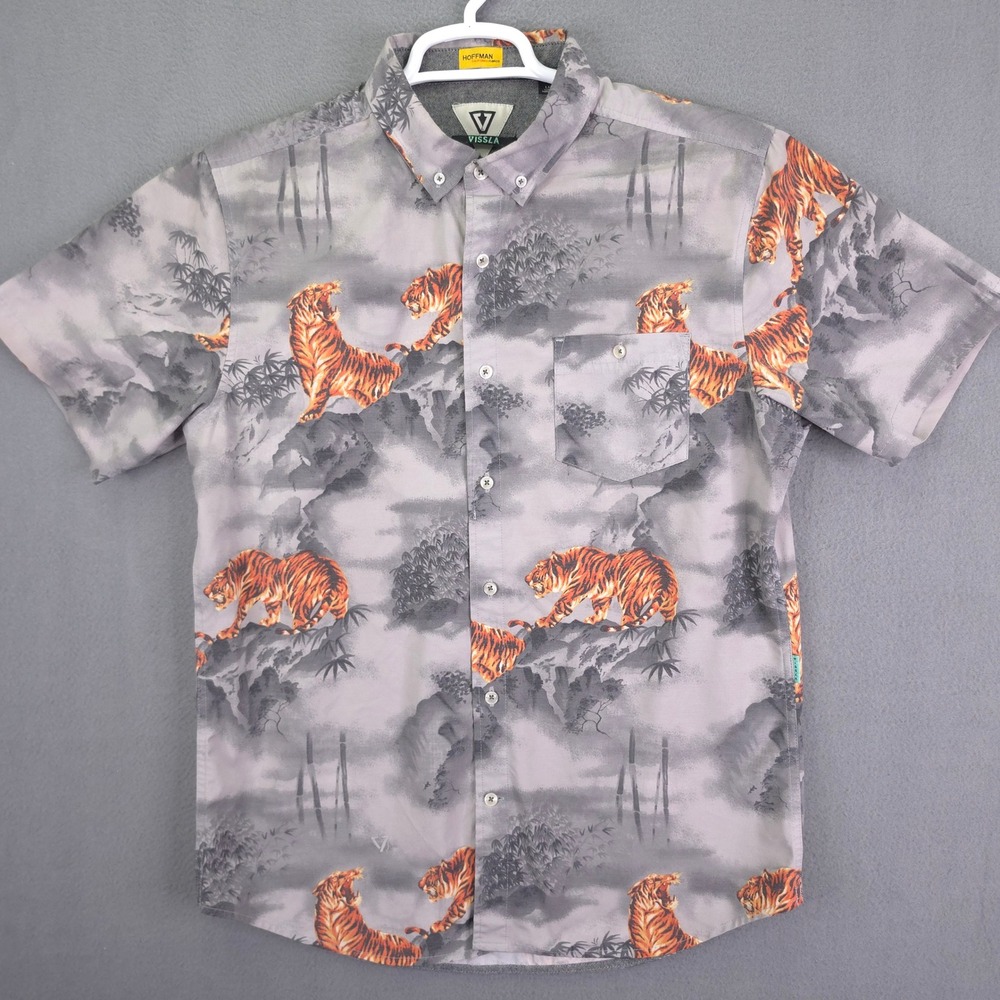 Vissla Shirt Tiger Print Short Sleeve Grey Orange Large Hoffman Fabrics